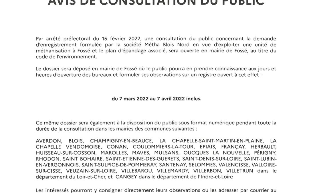 Ouverture d’une consultation pour l’exploitation d’un Méthaniseur sur Fossé