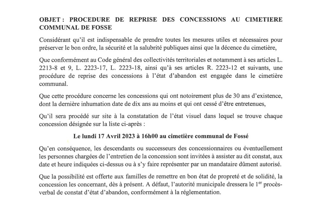 Procédure de reprise des concessions au cimetière communal de Fossé